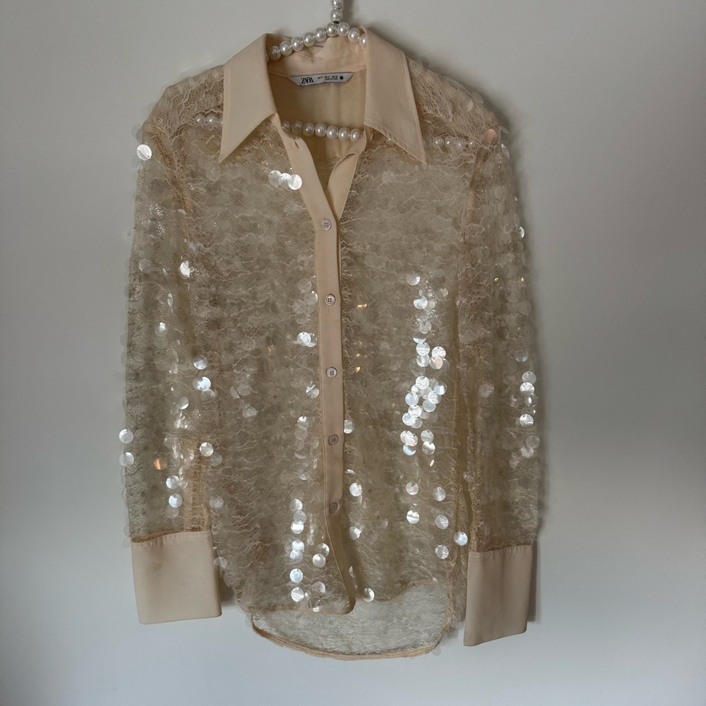 Zara cream sequin button down